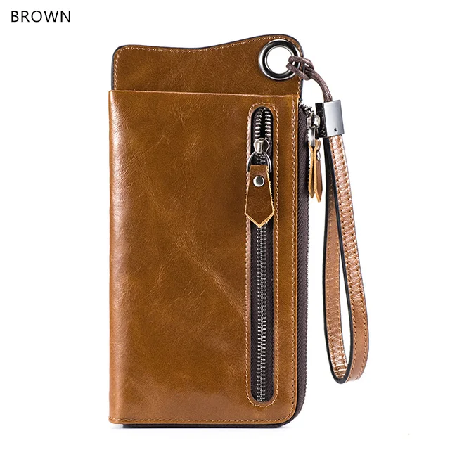 LUENSRO мужской кожаный бумажник, винтажные Длинные кошельки для мужчин, натуральная кожа, кошелек, кошелек на молнии, держатель для карт, портмоне для iPhone7S - Цвет: brown