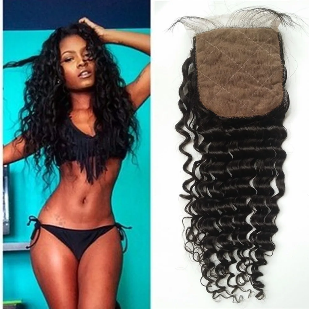 

Peruvian deep wave Silk Base Closure 7A Bleached Knot Closure 4"x4" Peruvian Virgin Human Hair Lace Front with Baby Hair
