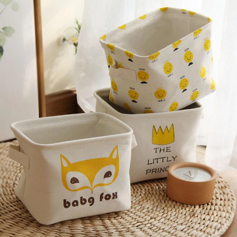 

Small Cute Cartoon Foldable Sundries Desk Storage Basket Box , Cotton Linen Mini Toys Cosmetic Makeup Storage Holder Organizer