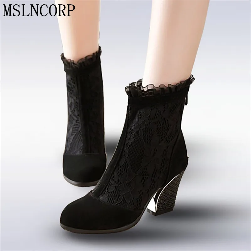 

plus size 34-43 Sexy Spring Summer Women Boots Lace net Thick High-Heel Ankle Boots Fashion Knight boots Dress Party Pumps Shoes
