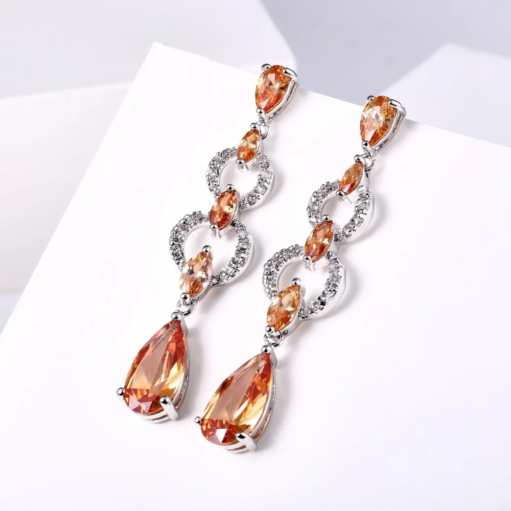 

ZHE FAN Pink Purple Champagne AAA Cubic Zirconia Fashion Dangle Long Earrings For Women Party Water Drop Earring Female Jewelry