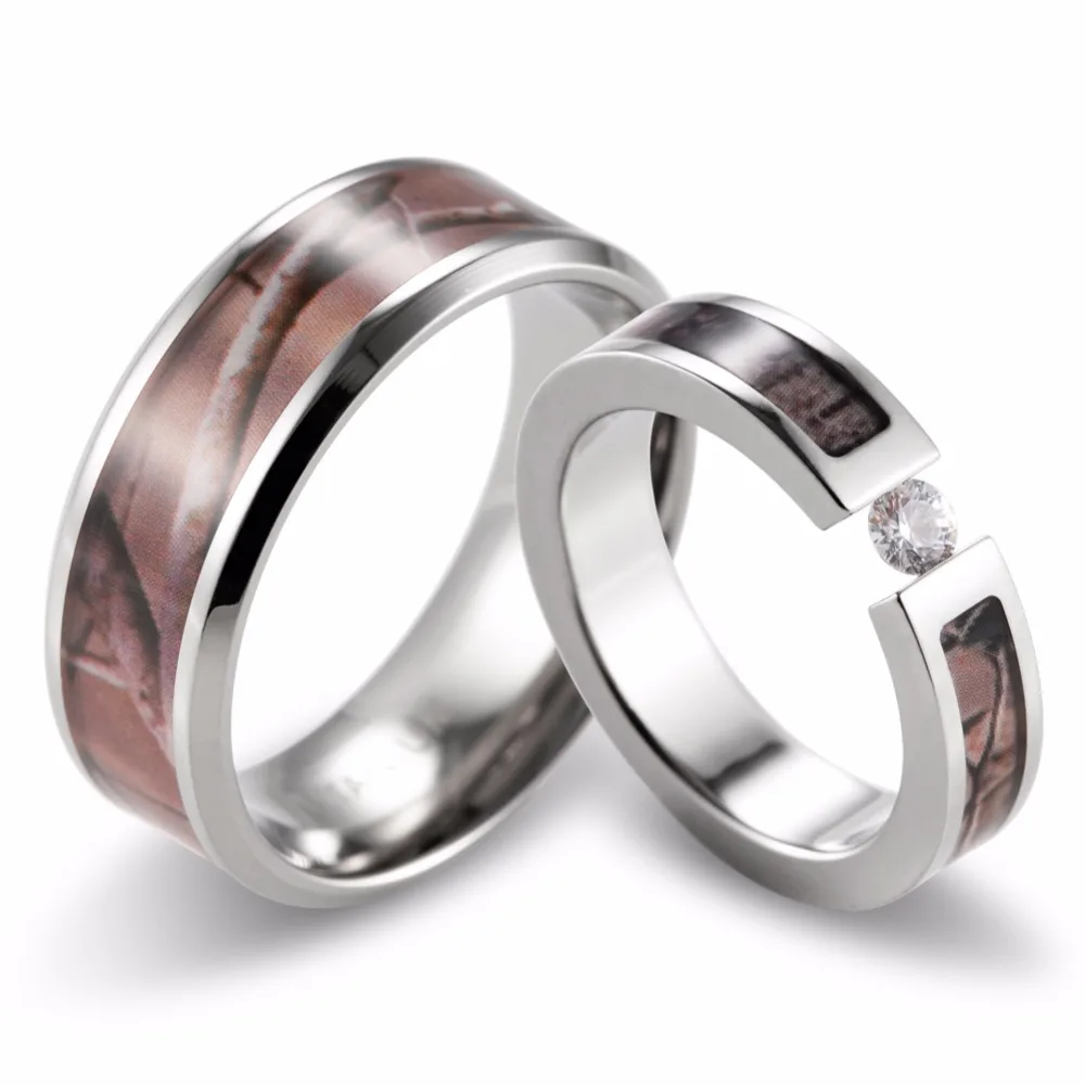 

SHARDON Couple's Realtree Camo Engagement Wedding Ring Set Titanium Tension Setting CZ Engagement Ring Wedding Band-2pcs