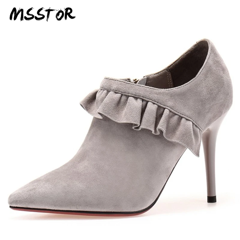 

MSSTOR Ruffles Black Fetish High Heels Thin Heels Zipper Spring Fashion Concise Sweet Autumn Boots Women Pointed Toe Women Heels