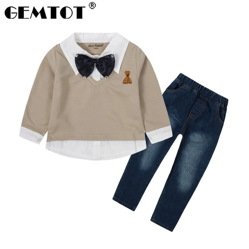 

GEMTOT Children's suit 2019 boys spring and autumn models gentleman bow tie fake 2 sets of long-sleeved jeans two-piece