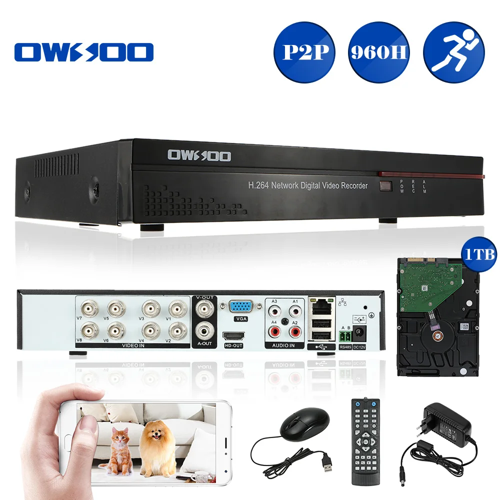 OWSOO 8CH Channel Full 960H/D1 H.264 P2P облачная сеть DVR цифровой видео Регистраторы + 1 ТБ жесткого