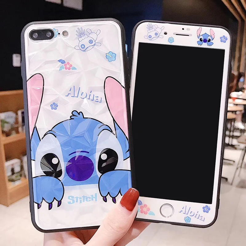 360 Full Cover Mickey Diamond Phone Case + Screen Protector Glass for IPhone X 8 7 6 6S Plus Stitch Anpanman Cute Coque |
