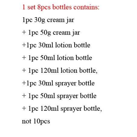 10 шт./лот 30/50/120 мл пустая акриловая распылитель бутылка лосьон/эмульсия нагнетательного насоса бутылки костюм 30/50 г уход за кожей лица Крем jar горшок набор - Цвет: 1 set 8pcs bottle