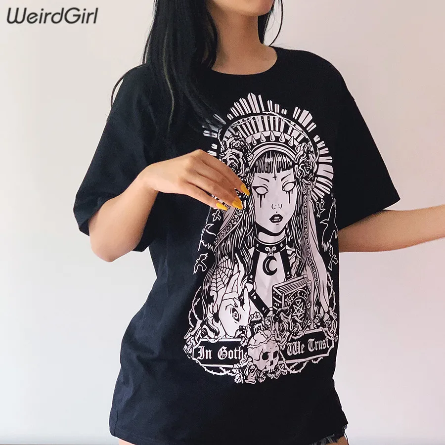 Weirdgirl/женские футболки; модные повседневные эластичные футболки с принтом Призрака и круглым вырезом; женские длинные топы; летние свободные топы для девочек; Новинка