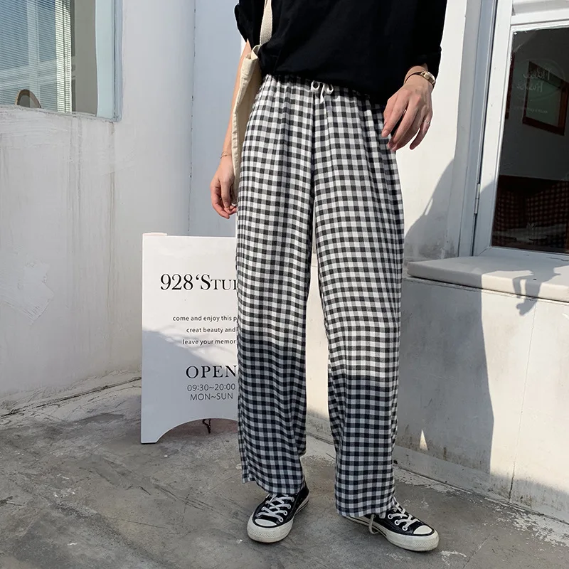 

Summer Plaid Straight Trousers Women Casual Full Length Drawstring Loose Korean Pants High Waist Women Clothes 2019 new 89387