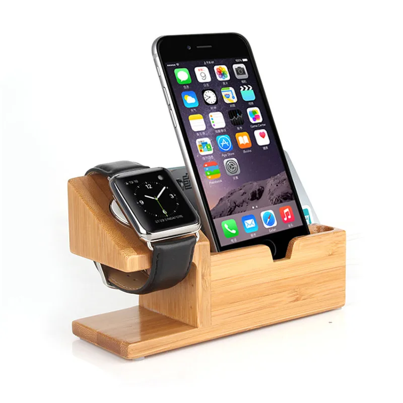 Bamboo Phone Holder 3-Port USB Charger Charging Holder Tablet Desk for iPhone 8 Samsung Cellphone stand holder Phone Cords Wood Charging Station Docks Phone Holder Stand (1)