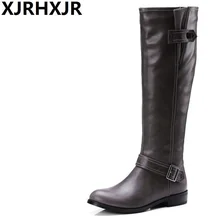 XJRHXJR/модные зимние теплые женские сапоги до колена новые женские сапоги на плоской подошве из мягкой кожи черного цвета Большие размеры 34-43