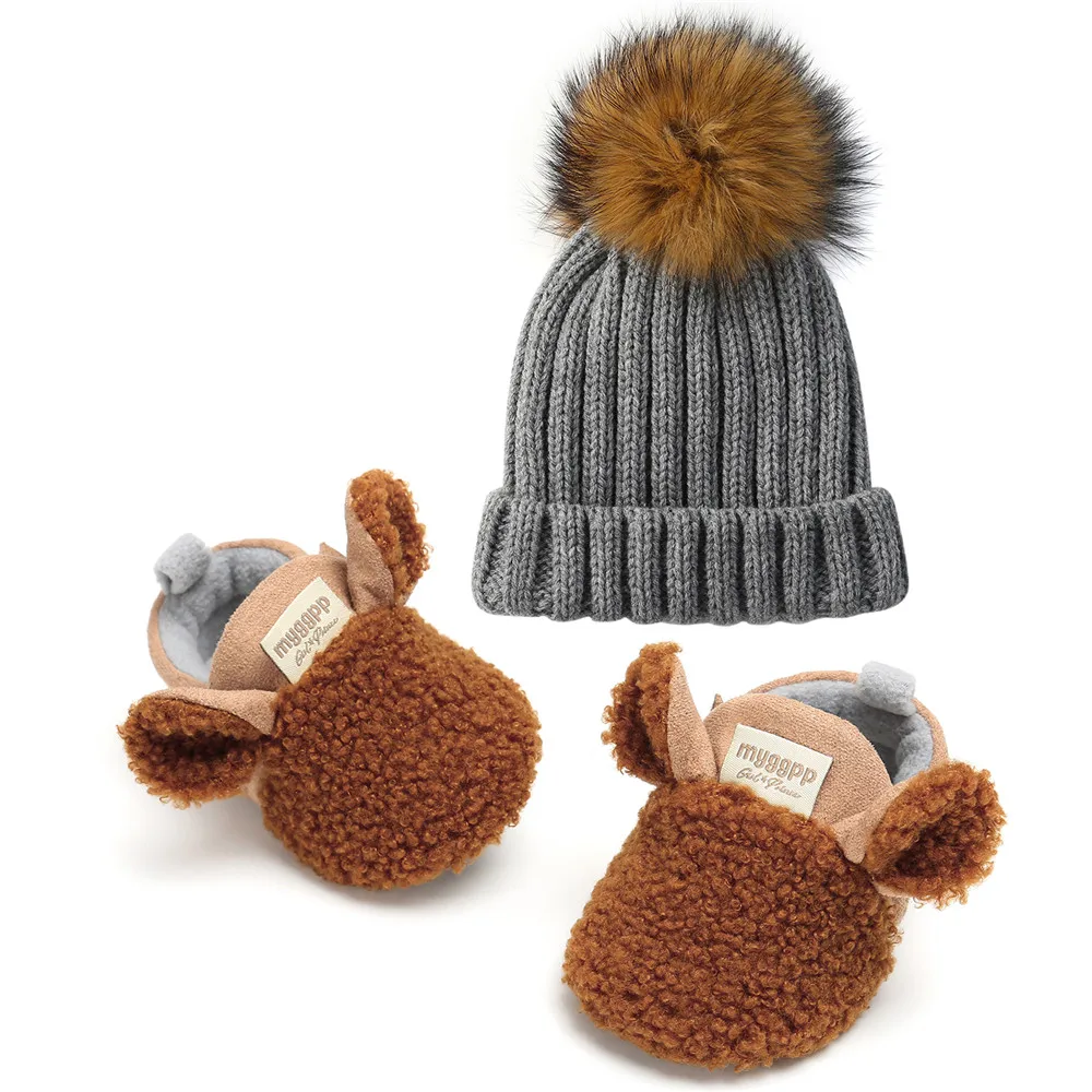 Deleba зима 0-18 новорожденных обувь и детская шапка наборы хлопок Пух Детская обувь зимняя мягкая подошва малыша детские товары