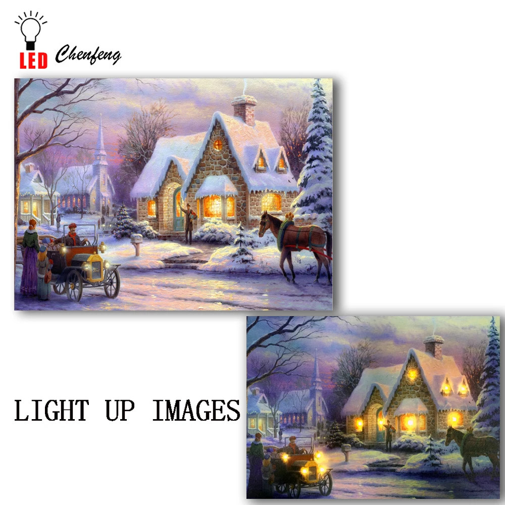 

Led canvas printing wall decorative Christmas Houses Season Lovely Snow Pictures light up oil painting new year holiday gift