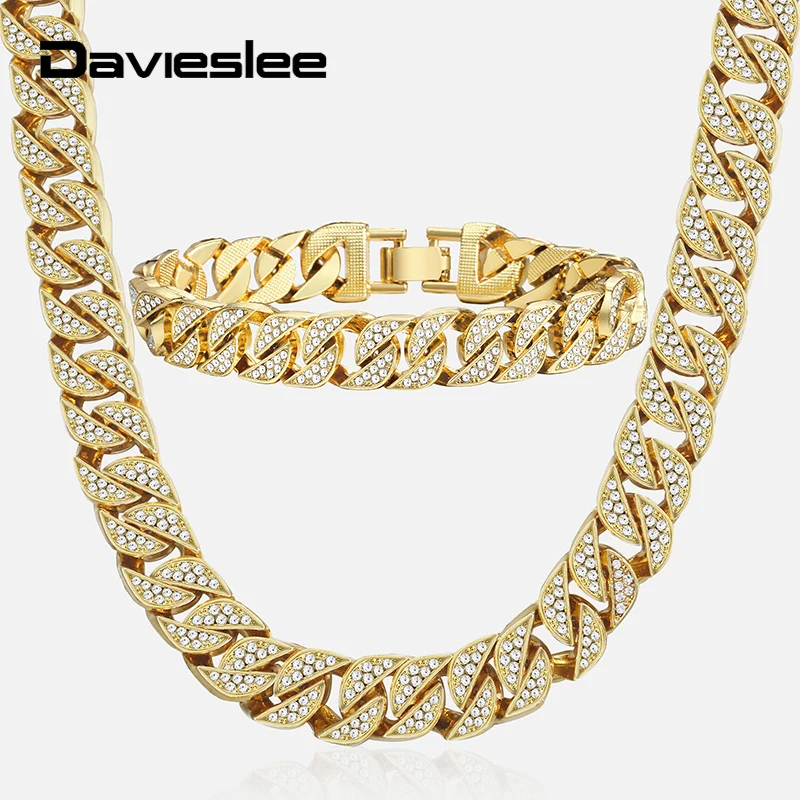 

Davieslee Mens Jewelry Sets Iced Out Miami Curb Cuban Link Chain Bracelet Necklace Set for Men Fashion Dropshipping 2019 LGS285
