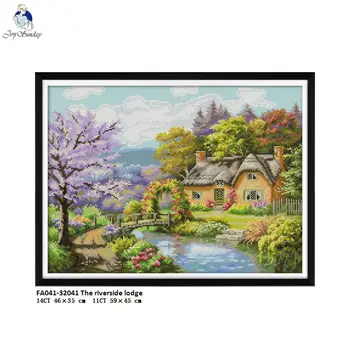 

Riverside Cottage Scenery Paintings Cross Stitch Kits 11CT Printed Fabric 14CT Canvas DIY Handwork Cross-stitch Embroidery Set