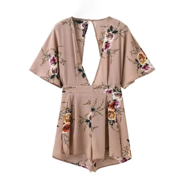 

2017 Summer Very Sexy Short Playsuit Women Deep V-neck Backless Floral Printed Short Jumpsuit High Rise Thin Fabric