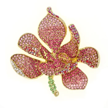 

100pcs/lot Free Shipping gold-Tone Orchid Flower Petal flat back Brooch with blue Rhinestone Crystal flat back Pin