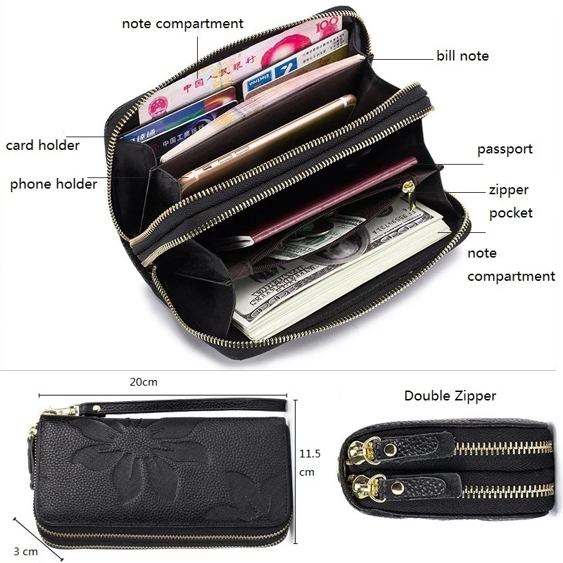 Najtaniej Skórzane kwiatowe tłoczone długie portfele dla kobiet kopertówka z podwójnym zamkiem torba o dużej pojemności portfel z saszetką na karty kobiece opaski