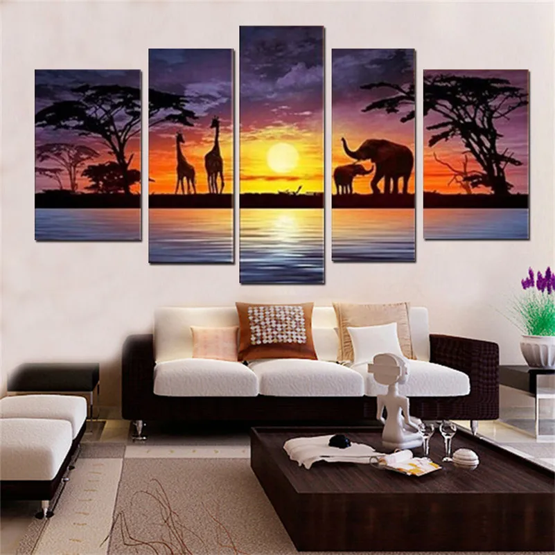 100Hand painted Animal Giraffes And Elephants Scenery At Dusk Canvas