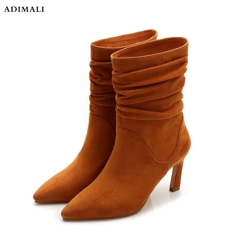 

Corrugated leather boots for Women Pointed Toe Sock Boots Square High Heel Boots Shoes Woman Fashion Bota Feminina