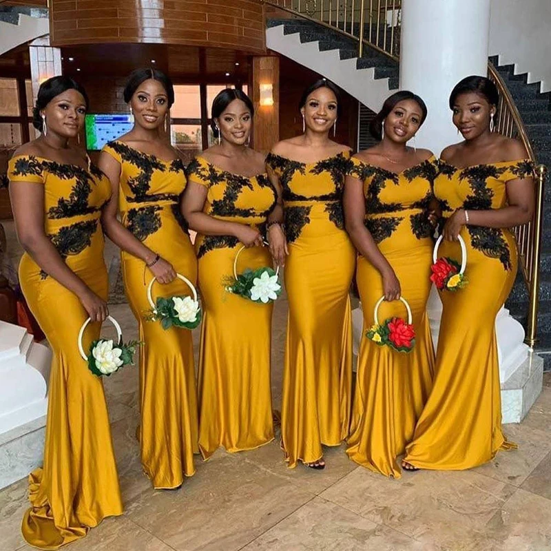 

Yellow With Black Appliques Mermaid Long Bridesmaid Dresses Off the Shoulder Satin Maid of Honor Dress Sweep Train Prom Gown