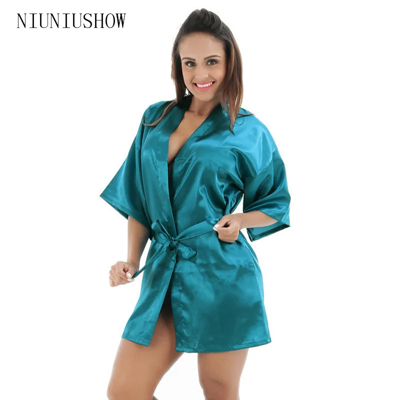 Drak Green Chinese Women Silk Rayon Robe Mini Short