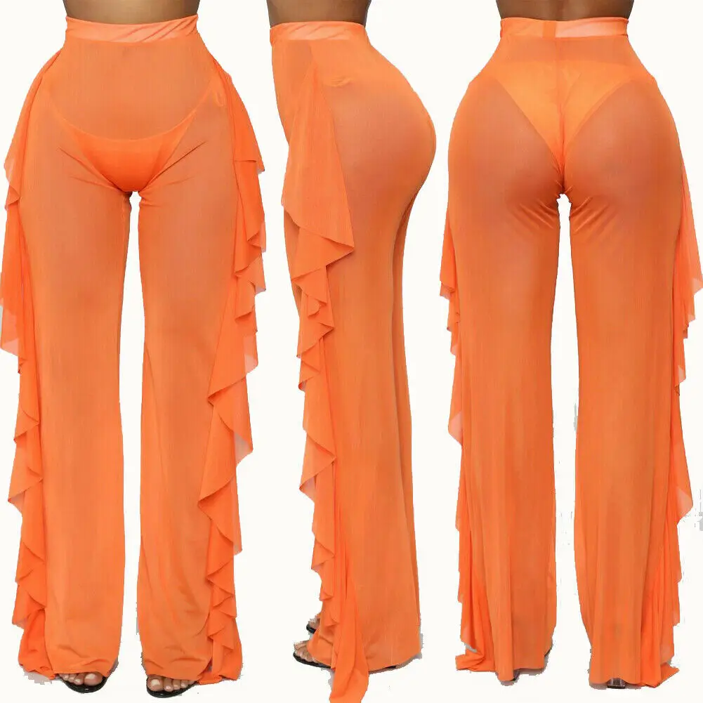 New Sexy Ruffle Women Beach Mesh Pants Sheer Wide Leg Pants Transparent See through Sea Holiday Cover Up Bikini Trouser black leggings Leggings