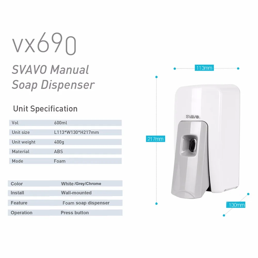 SVAVO Новое поступление 600 мл ABS пластик пены мыло диспенсер хорошее качество настенный ручной мыло диспенсер для отеля ванная комната