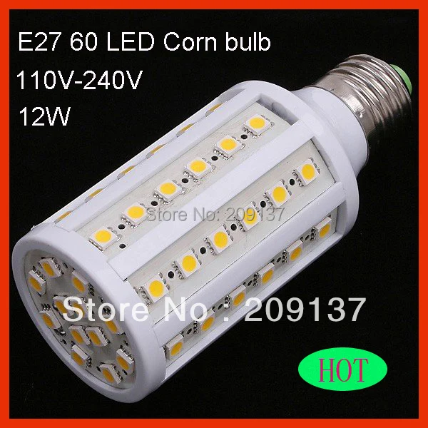Бесплатная доставка 12W 1200LM 60 LED кукурузная лампа E27 360 градусов Светодиодная