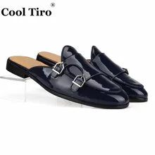 Cool Tiro/мужские шлепанцы с двойным ремешком; темно-синие мокасины из лакированной кожи ручной работы; повседневная обувь на плоской подошве с металлическими пряжками