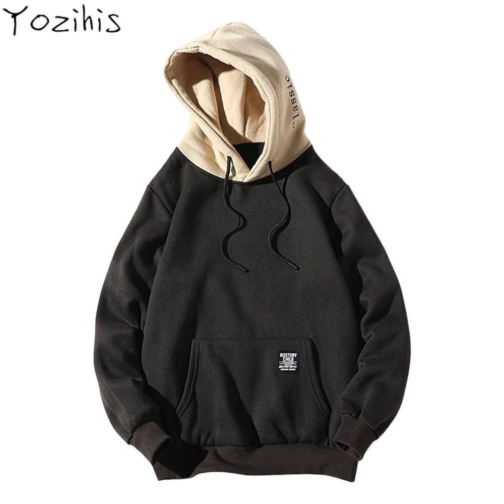 

Yozihis Men's Fashion Color Block Letter Patch Detail Pouch Pocket Fleece Hoodie for Boyfriend Male Sweatshirts Hooded Pullovers