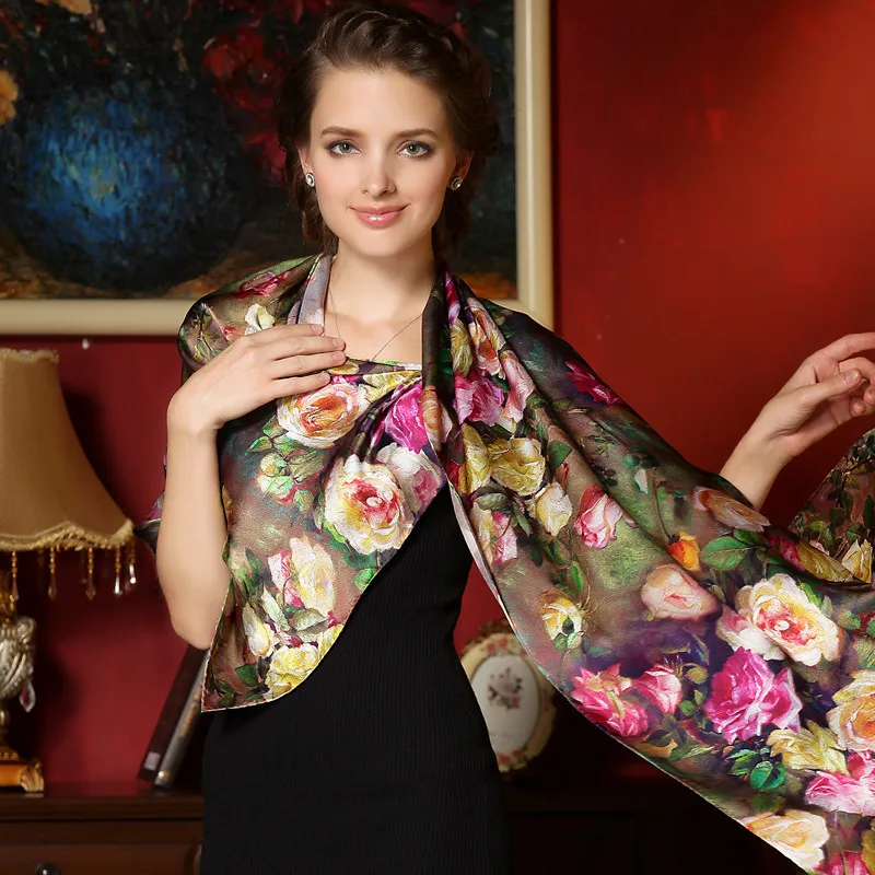 Kopen Vrouwen Winter Lange Sjaal Lente Herfst Vrouwelijke Echt Zijden Sjaals Gedrukt Zomer 100% Moerbei Zijde Strand Cover ups 2017