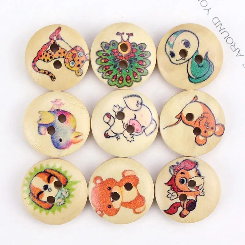 50Pcs Mixed Round Cute Animals Printed Buttons 2 holes Wood Applies