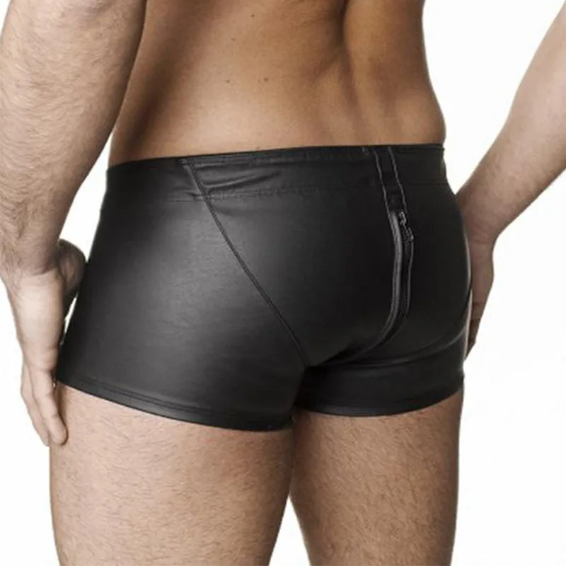Mens Leather Boxer Shorts Black Sexy Zip Open Crotch Boxer Homme Gay Fetish Vinyl Club Wear Vinyl Leather Mens Underwear Boxers (3)