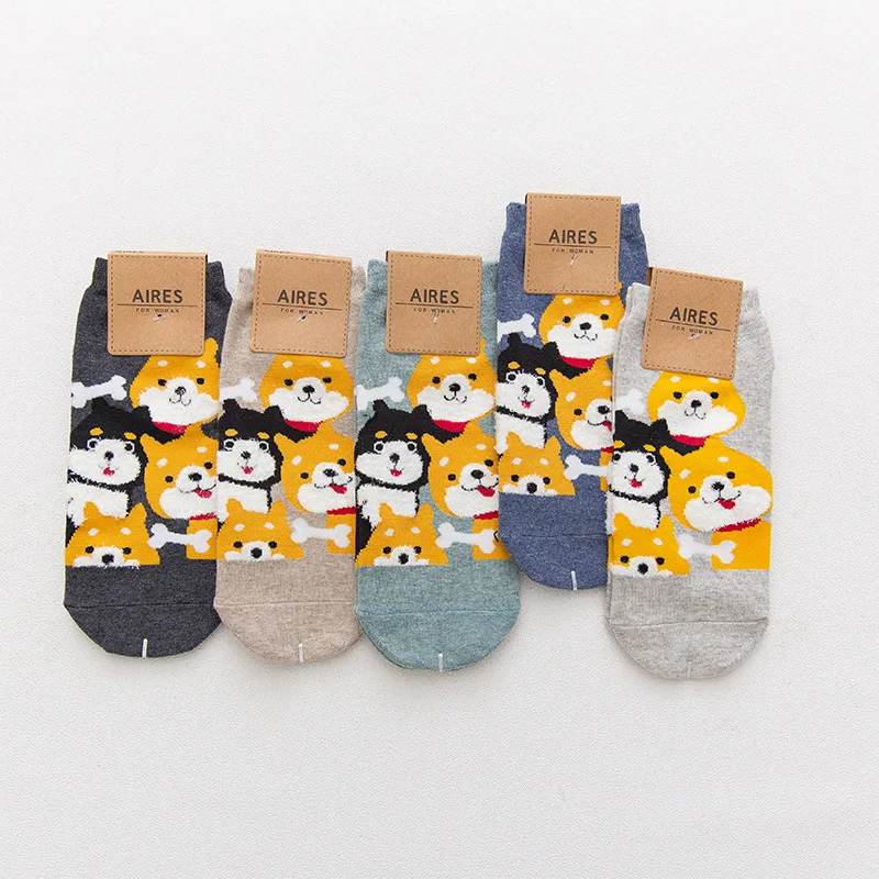 5 пар, милые мягкие носки карамельного цвета для женщин и девочек, милые повседневные милые Носки с рисунком Шиба ину