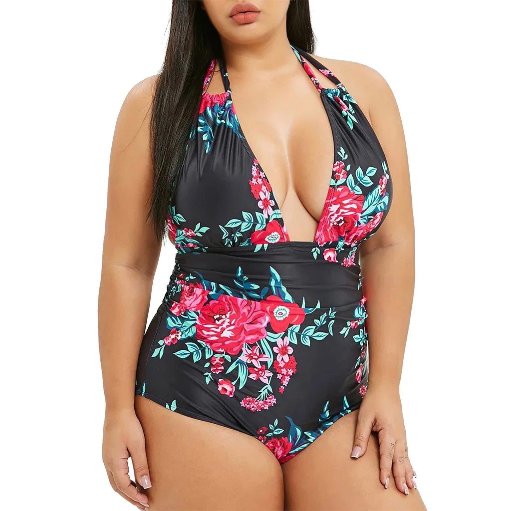 

Women One Piece Padded Swimwear Plus Size Floral Print Open Back Swimsuit sexy badpak female swimsuit fused trikini swim suit