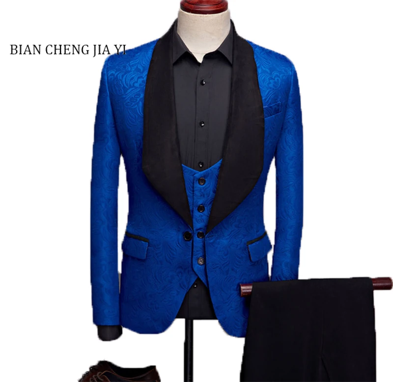 

High quality Blue Mens Suits Fashion Big Shawl Lapel 3 Pieces Set Wedding Groom Prom Suits Jacquard Banquet One button Tuxedos