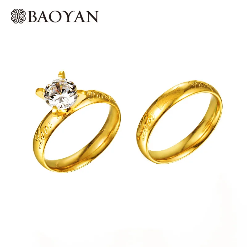 Love Forever Engrave Prong Setting Crystal Ring Gold Color 316L Stainless Steel Fashion Jewelry Solitaire Couple Ring For Women