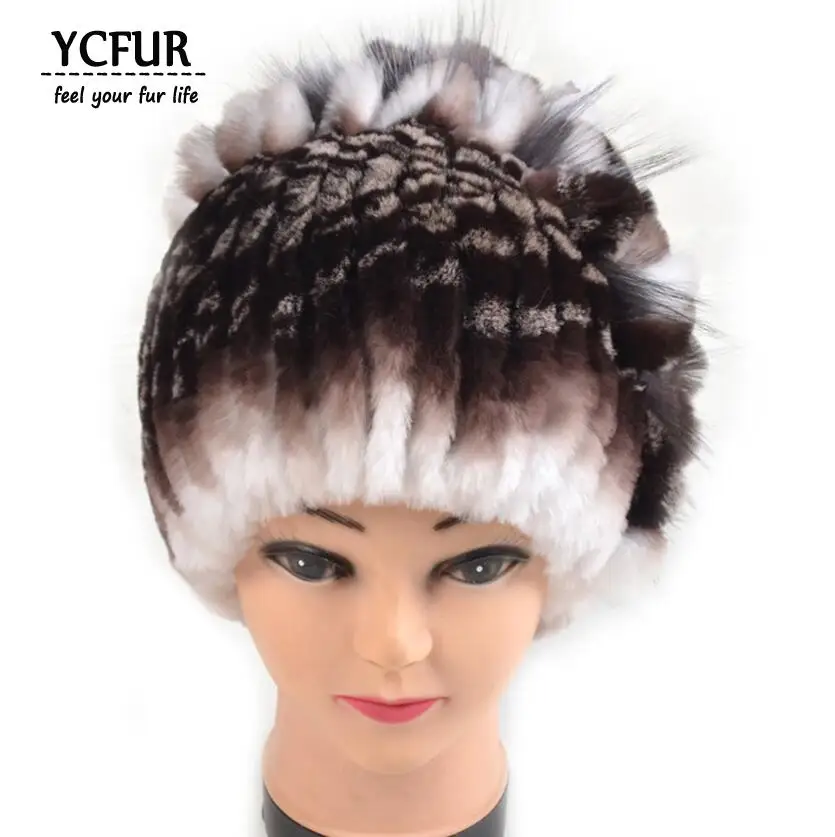 YC Fur зимняя шапка s шапки бини женские Прошитые полосы Настоящий мех кролика шапка женская мягкая теплая натуральный мех шапочки для дам - Цвет: brown