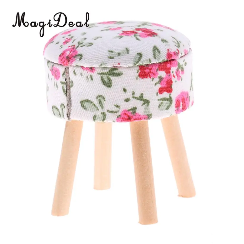 MagiDeal 1/12 Scale Dollhouse Miniature Furniture Round Floral Stool Chair for Dolls House Bedroom Decoration Children Toy