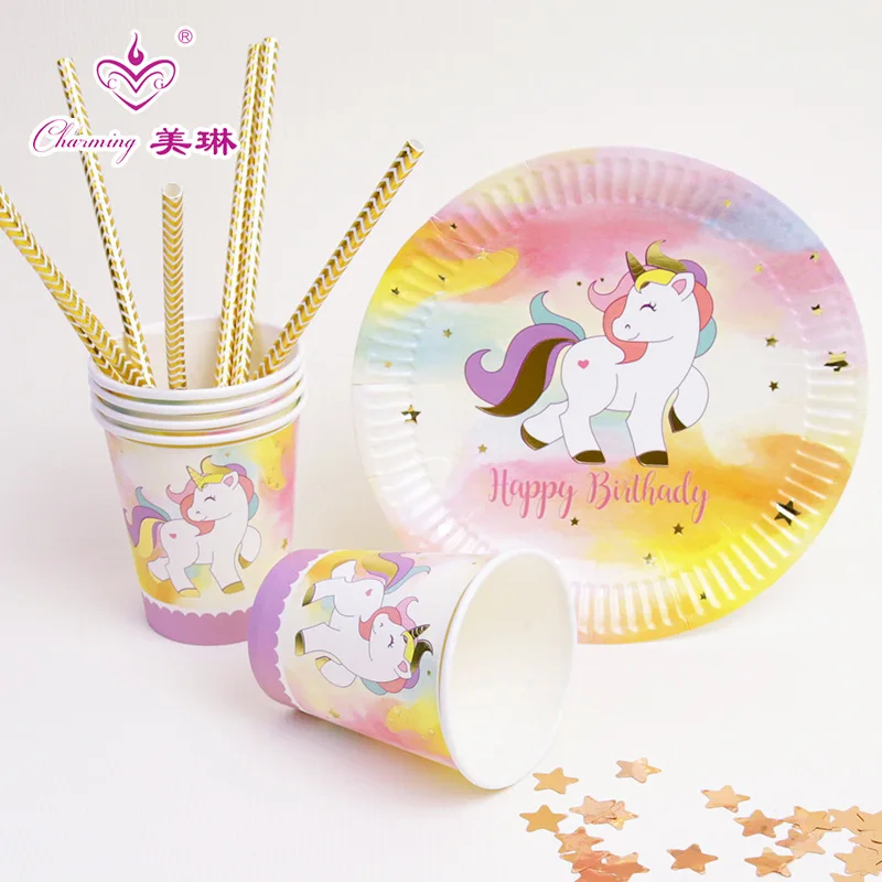 Unicorn Disposable Tableware Paper Cup Girl Birthday Table Decoration Team Bride To Be Wedding Party Supplies SD25 (2)