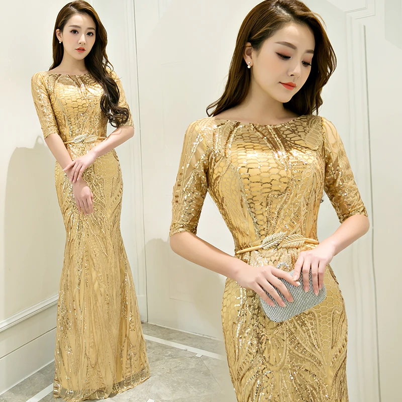 

Golden Mermaid half sleeve floor length sequines lady girl women princess bridesmaid banquet party dress gown free shipping