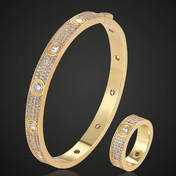 Zlxgirl Luxury brand Europe AAA pave cubic zircon bangle with ring wedding jewelry sets women's party love bangle free bags 1
