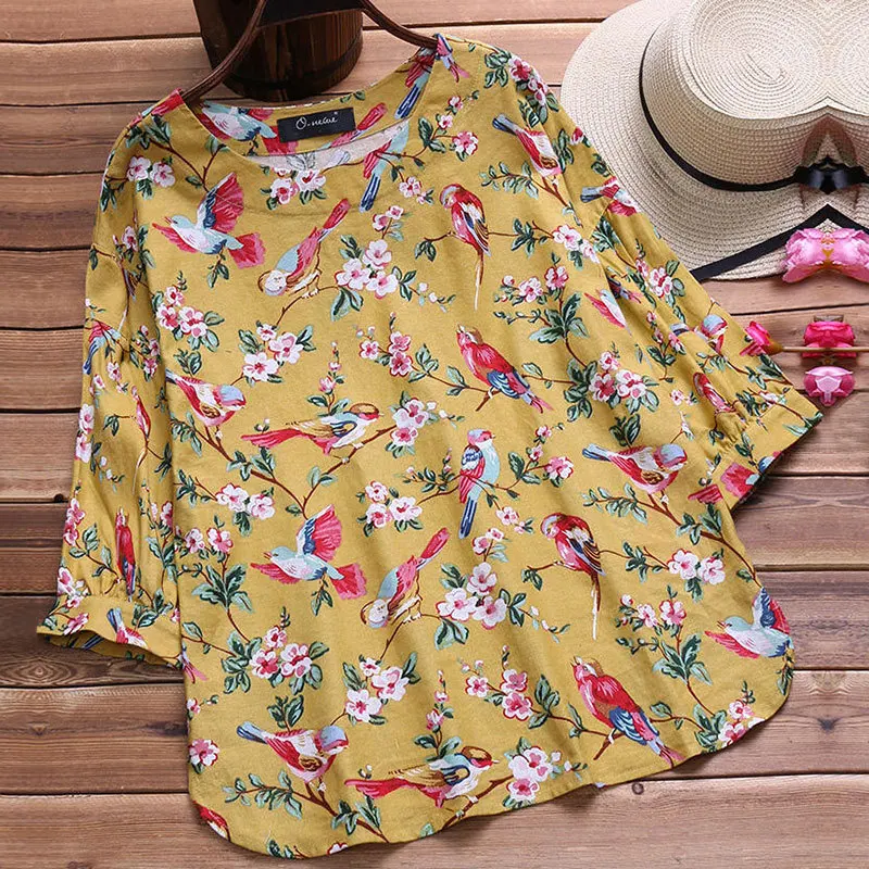2019 كبير جدا القمم المرأة فضفاض الترفيه 3/4 كم قمصان الربيع زائد حجم الأبيض بلوزة قطن قميص كتان زهرة طباعة قميص 5XL