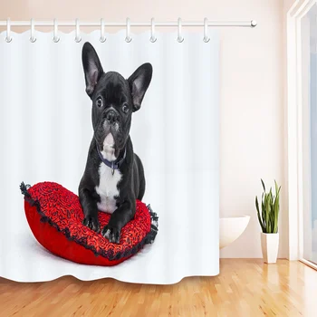 

LB Cute Bulldog&Sweet Heart Shaped Pillow Shower Curtains Bathroom Curtain Animal Waterproof Polyester Fabric For Bathtub Decor