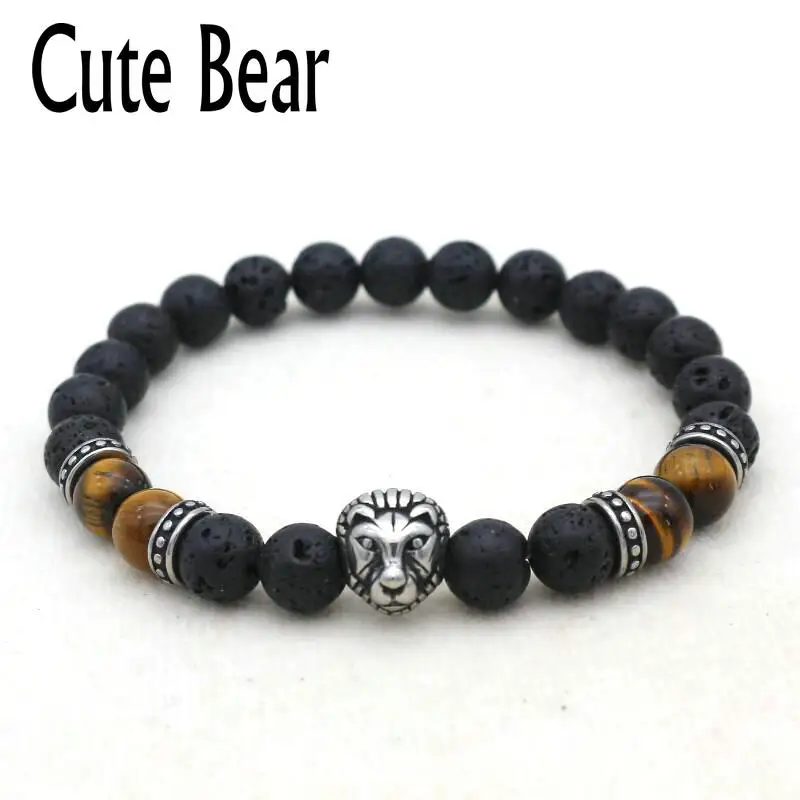 

Cute Bear Brand Stainless Steel Lion Head Bracelet Men Jewelry Fashion Volcano Lava Stone Tiger Eye Stone Beaded Bracelets
