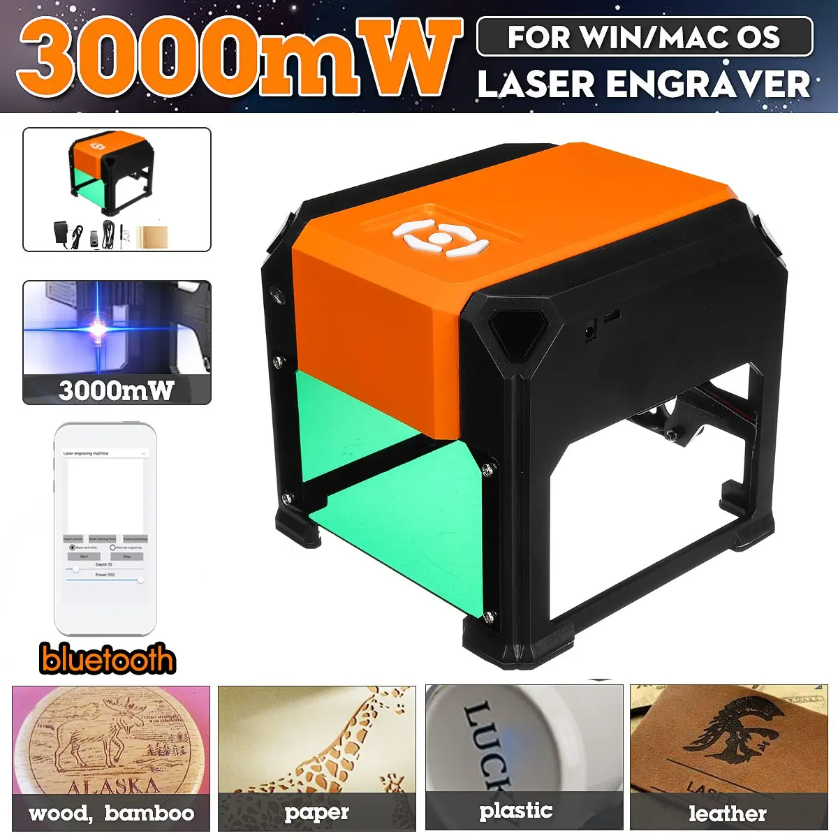 

3000mW bluetooth Desktop CNC Laser Engraving Machine USB Logo Marking Engraver Printer DIY Carving Cutter for IOS/Android