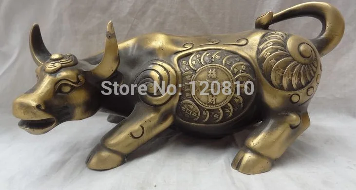 

13" China Zodiac Bronze Animals Carved ZhaoCai JinBao Wealth Fu Bull Ox Statue