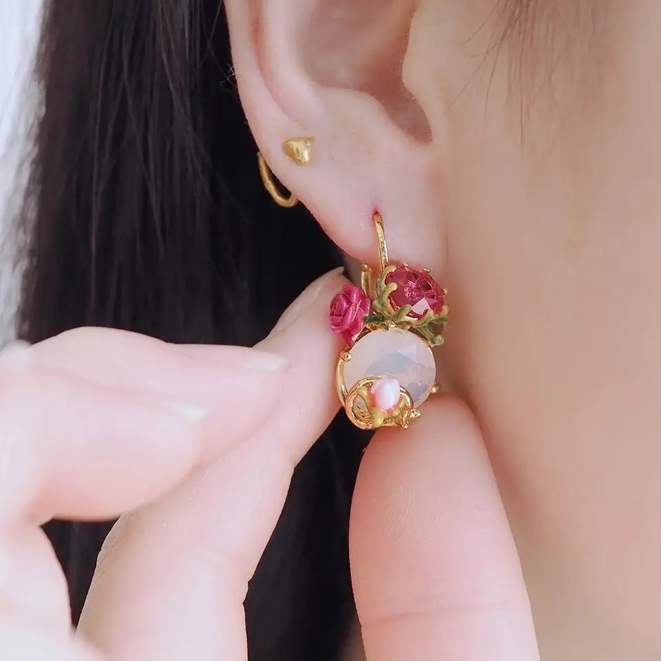 Amybaby дизайнерское ожерелье ручной работы с эмалью, глазурью, розовым цветком, бутоном розы, без пирсинга, серьги-капли, регулируемое кольцо, браслет