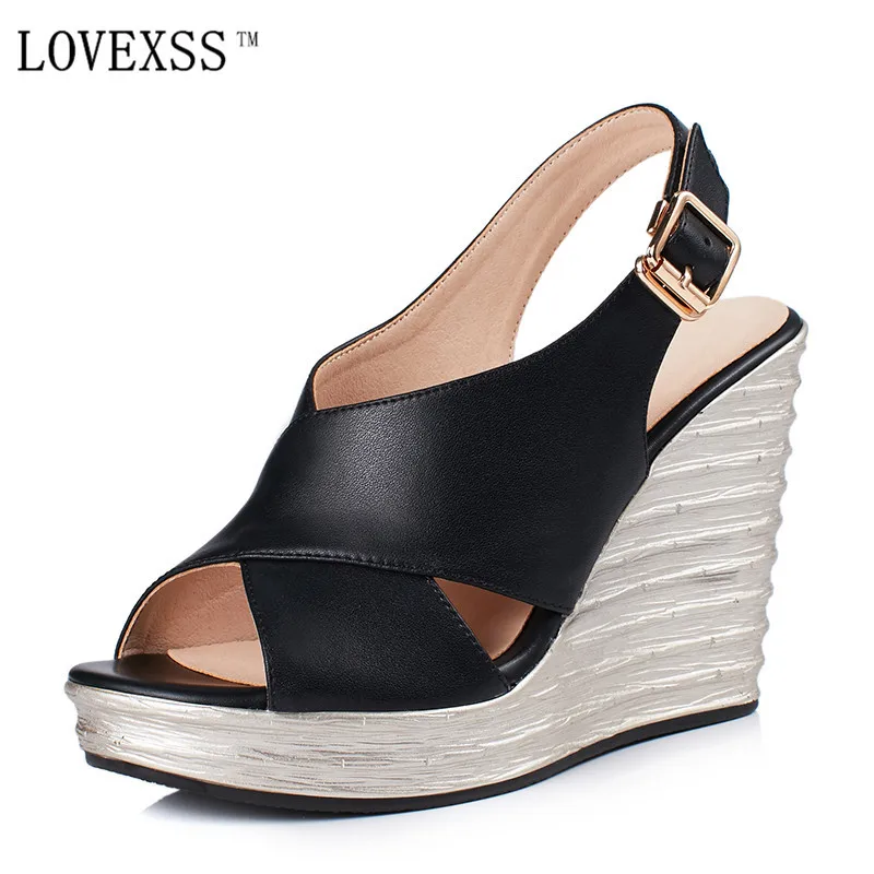 

LOVEXSS Wedges Sandals Peep Toe High Heels Genuine leather Buckle Black White Woman Girl Shoes Chaussure Femme Talon Sandals